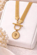 Golden coin mesh chain necklace - Pakistani women's casual elegant jewelry with coin pendant and gold tone mesh chain front view