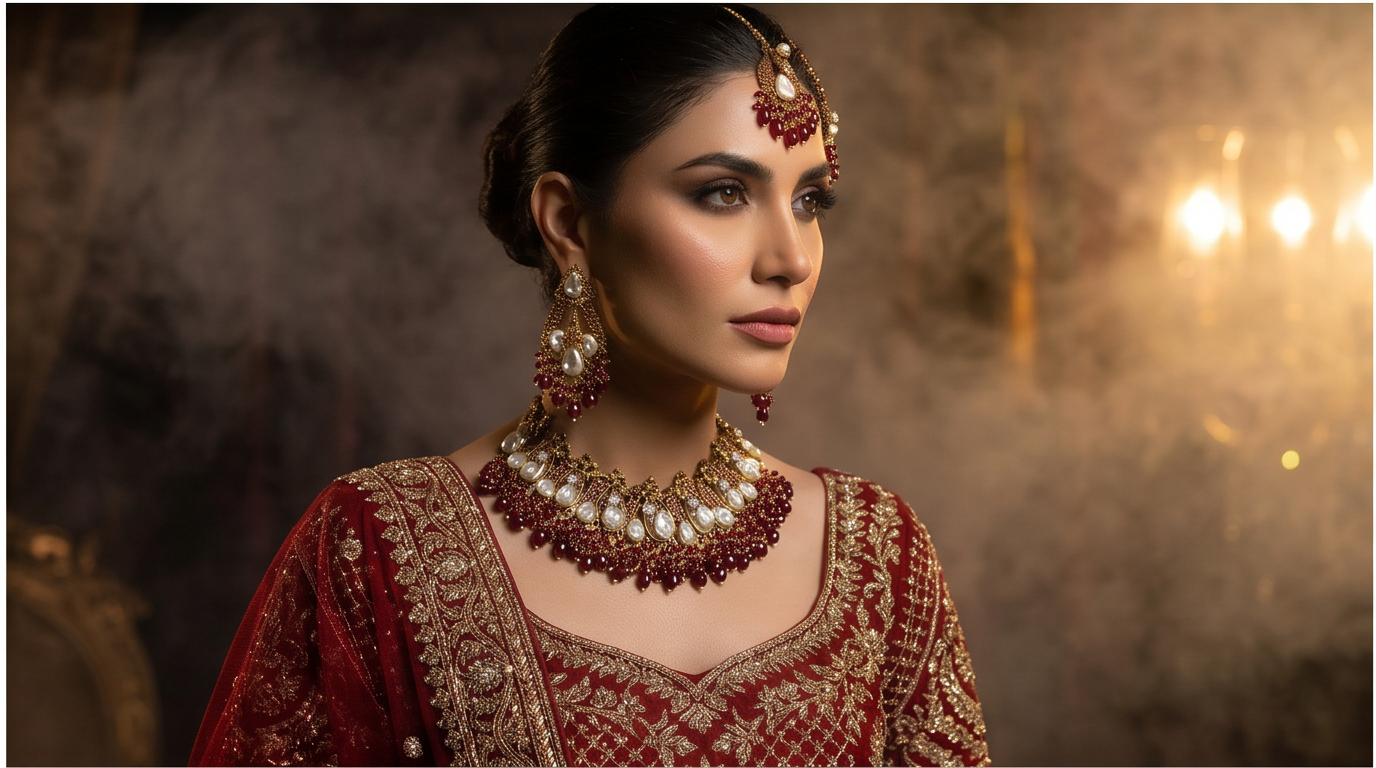 JW850 - Ruby Red & Pearl Bridal Jewellery Set for Pakistani Weddings