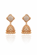 Rose gold diamond cut jhumka earrings - Pakistani women's luxury bridal jewelry with traditional bell drop and sparkling stud front view
