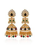 Royal navratna jhumka earrings - Pakistani women's traditional bridal jewelry with multi-color navratna stones front view