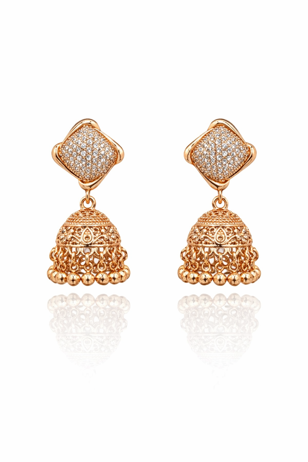 Rose gold diamond cut jhumka earrings - Pakistani women's luxury bridal jewelry with traditional bell drop and sparkling stud front view