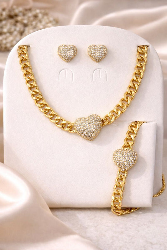 Golden heart luxe jewelry set - Pakistani women's elegant necklace bracelet and earring set with heart motifs front view
