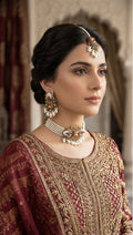 Amber citrine pearl heritage jewelry set JW390 - Pakistani women's wedding bridal necklace choker with gold filigree front view