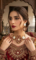 Baroque ruby pearl floral statement necklace set JW295 - Pakistani women's luxury bridal jewelry with pavé ruby stones front view