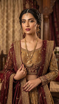 Antique gold heritage statement necklace set JW455 - Pakistani women's luxury bridal jewelry with temple style pendant and maang tikka front view
