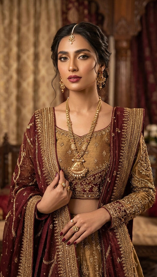 Antique gold heritage statement necklace set JW455 - Pakistani women's luxury bridal jewelry with temple style pendant and maang tikka front view