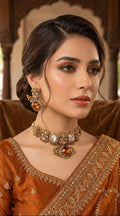 Amber citrine statement necklace set JW279 - Pakistani women's luxury bridal jewelry with honey amber stones and white pearls front view