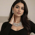 Floral diamond statement set 1 carat - Pakistani women's luxury bridal jewelry with floral diamond pattern front view