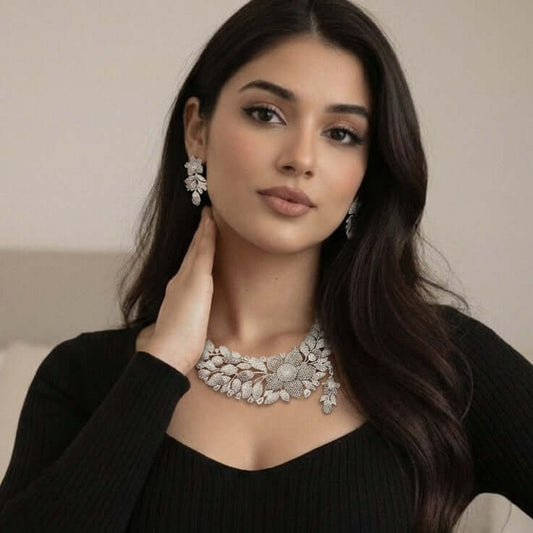Floral diamond statement set 1 carat - Pakistani women's luxury bridal jewelry with floral diamond pattern front view