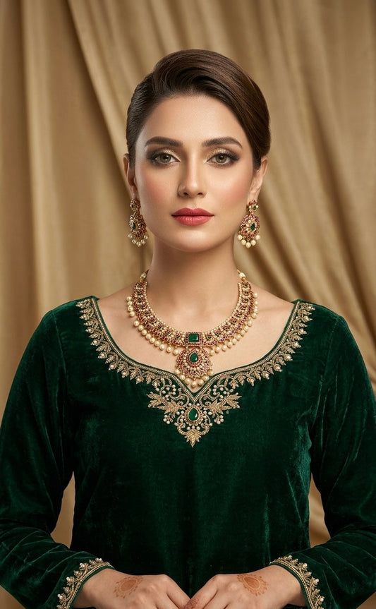 JW520 - Ruby Emerald Pearl Statement Necklace Set for Pakistani Women