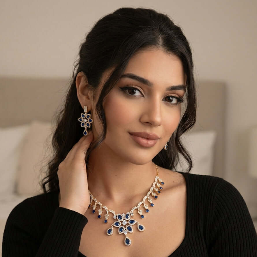 Royal sapphire drop necklace set 1 carat - Pakistani women's luxury formal jewelry with deep sapphire drop stones front view