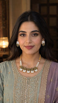 Emerald pearl statement necklace set JW260 - Pakistani women's luxury bridal jewelry with emerald green stones and pearl accents front view