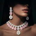 Blush royale statement set 1 carat - Pakistani women's luxury bridal jewelry with blush pink stones and zircon halos front view
