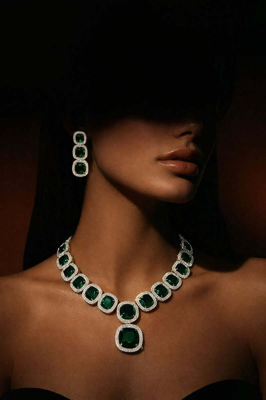 Pakistani women's royal sapphire statement necklace set side view