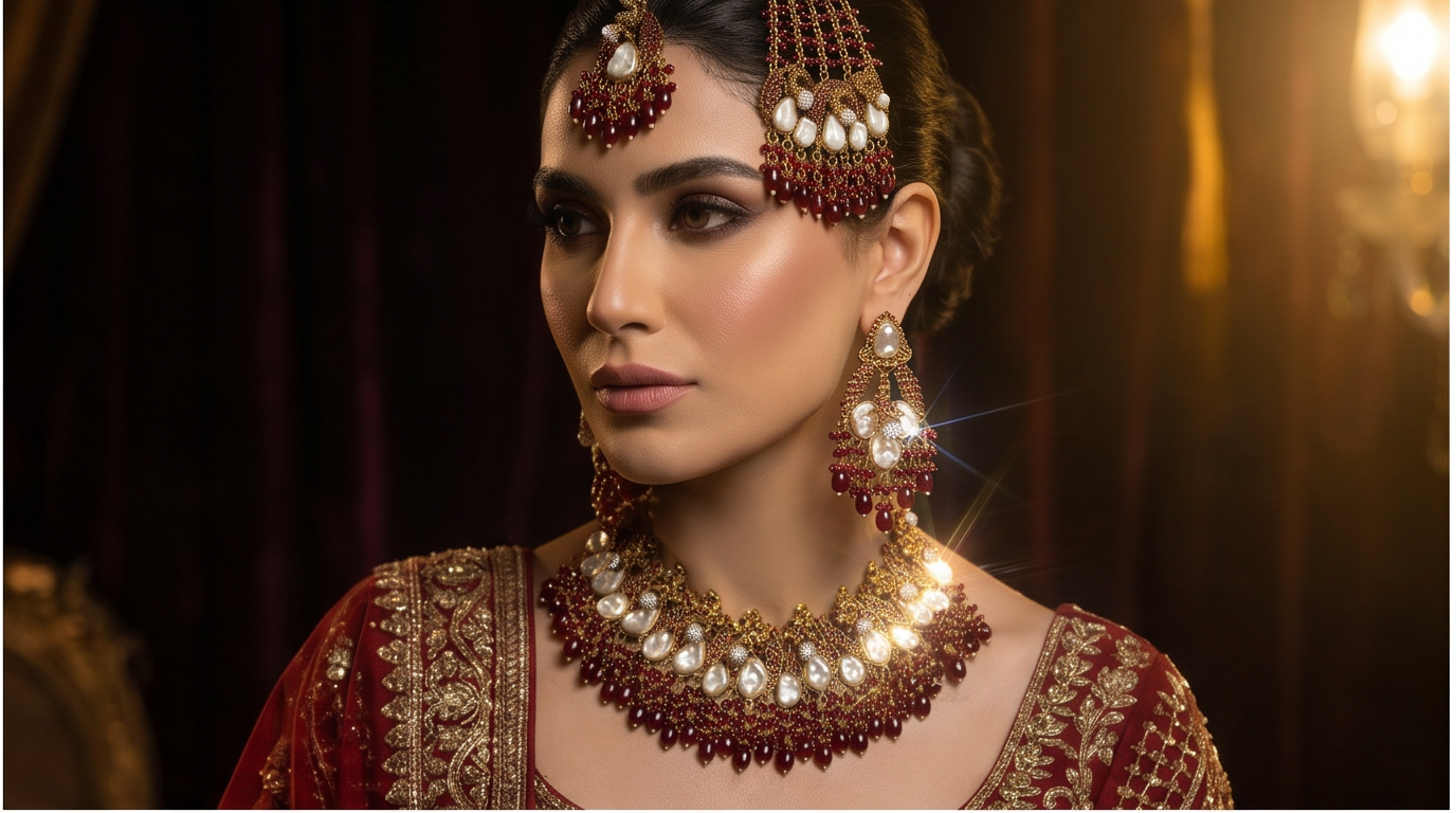 JW850 - Ruby Red & Pearl Bridal Jewellery Set for Pakistani Weddings