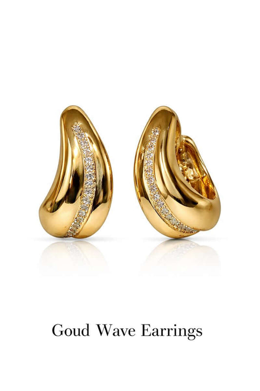 Golden wave sculpted earrings - Pakistani women's elegant formal jewelry with wave design and gold tone sculpted finish front view
