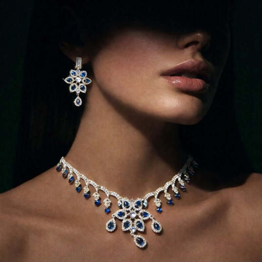 Pakistani women's royal sapphire drop necklace set side view