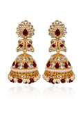 Royal ruby pearl jhumka earrings - Pakistani women's luxury bridal jewelry with ruby stones and pearl accents front view