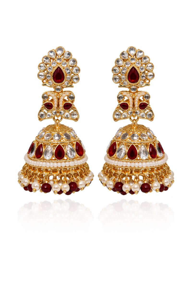 Royal ruby pearl jhumka earrings - Pakistani women's luxury bridal jewelry with ruby stones and pearl accents front view