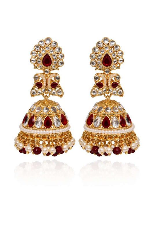 Royal ruby pearl jhumka earrings - Pakistani women's luxury bridal jewelry with ruby stones and pearl accents front view