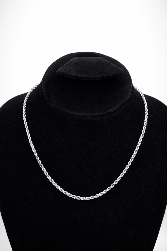 Classic silver rope chain necklace - Pakistani women's timeless jewelry with twisted rope pattern and polished silver finish front view