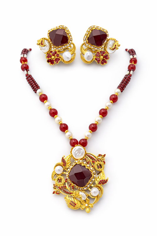 Ruby pearl royal necklace set - Pakistani women's luxury bridal jewelry with intricate gold tone craftsmanship and matching earrings front view