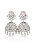 Blush crystal jhumka earrings - Pakistani women's elegant formal jewelry with blush pink crystals and gold tone jhumka front view