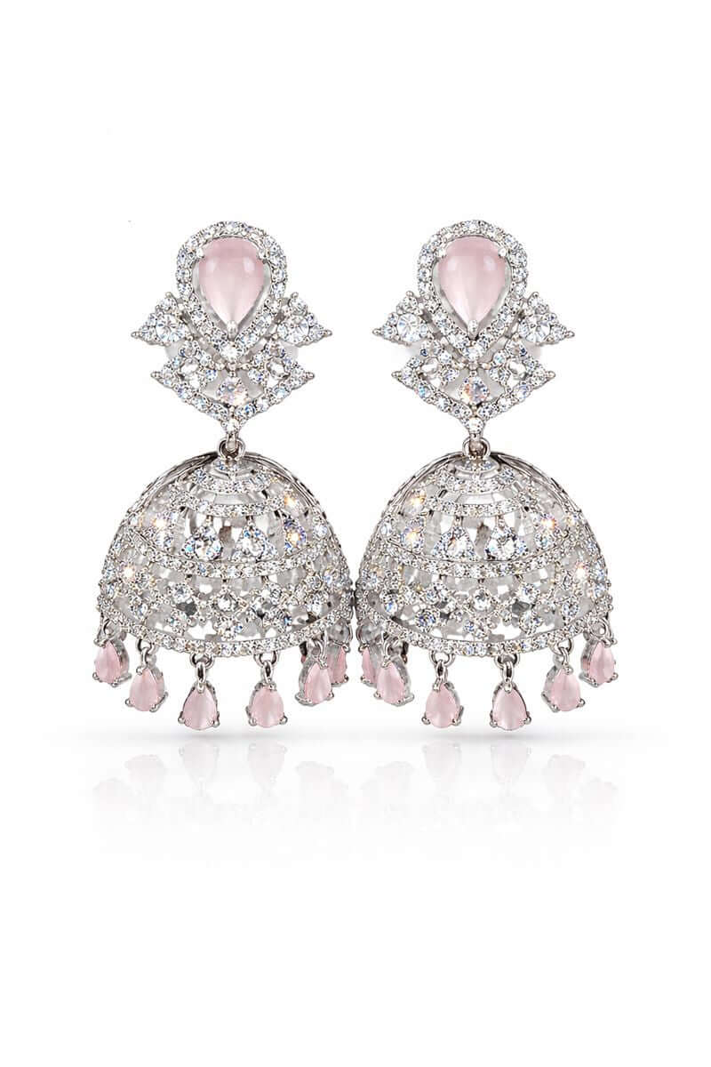 Blush crystal jhumka earrings - Pakistani women's elegant formal jewelry with blush pink crystals and gold tone jhumka front view