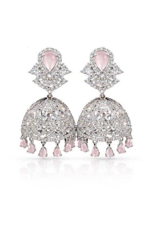 Blush crystal jhumka earrings - Pakistani women's elegant formal jewelry with blush pink crystals and gold tone jhumka front view