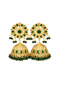 Emerald noor jhumka earrings - Pakistani women's traditional bridal jewelry with emerald stones and gold tone jhumka front view