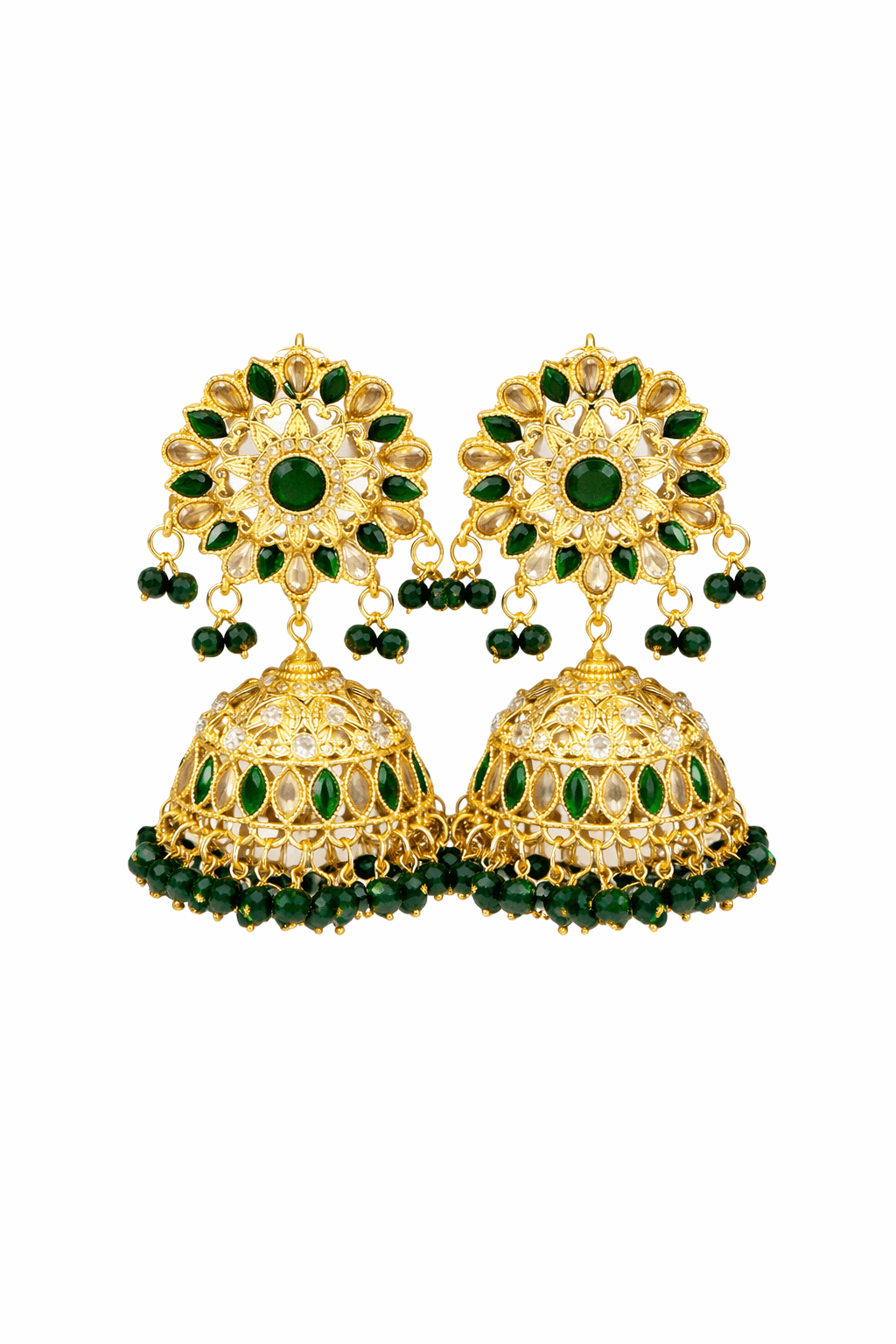 Emerald noor jhumka earrings - Pakistani women's traditional bridal jewelry with emerald stones and gold tone jhumka front view