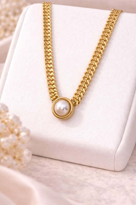 Pearl accent double chain necklace - Pakistani women's elegant jewelry with pearl accents and layered chain design front view