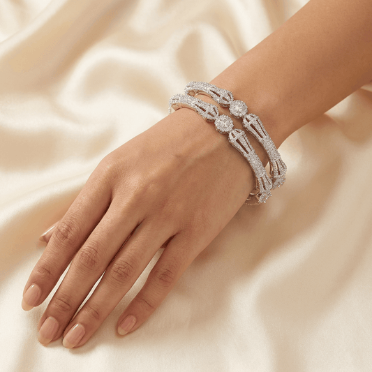 Diamond style silver elegant bangle - Pakistani women's luxury formal jewelry with brilliant open link structure front view
