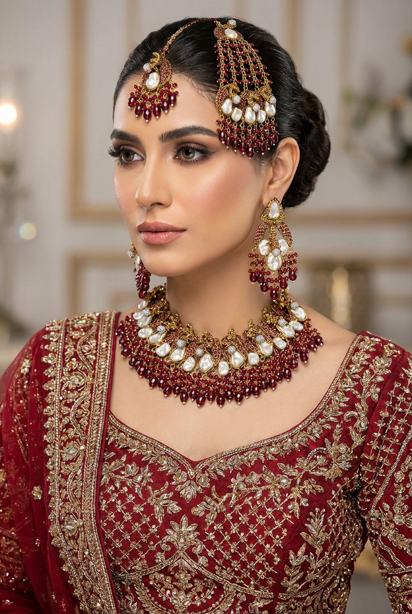 JW850 - Ruby Red & Pearl Bridal Jewellery Set for Pakistani Weddings
