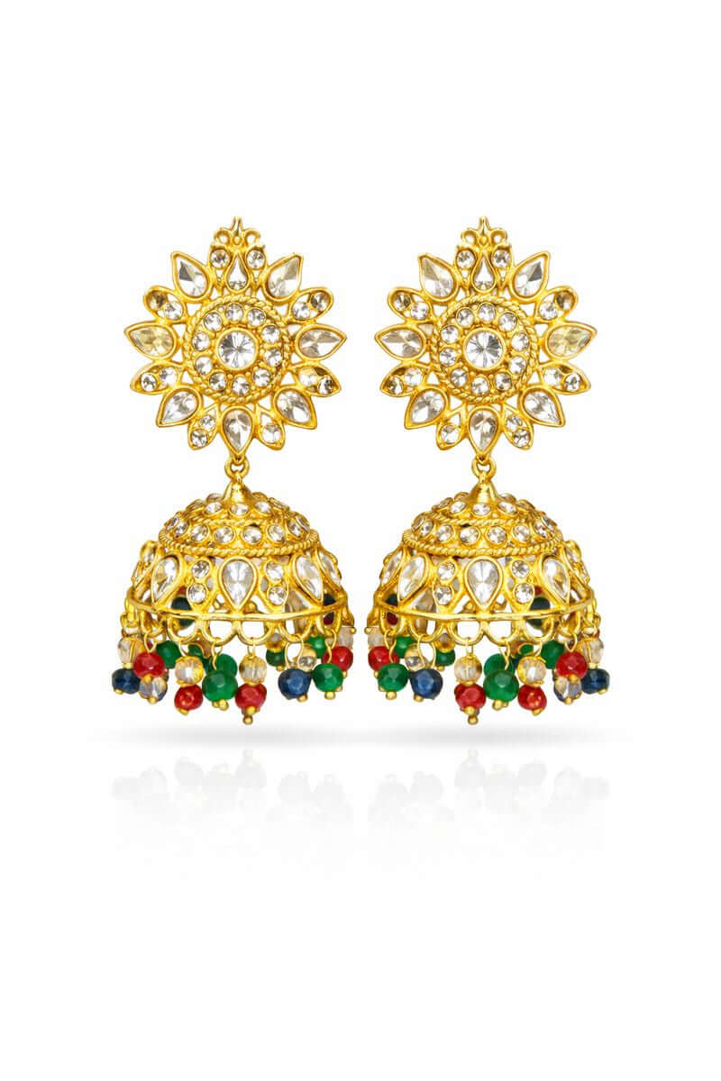 Royal multicolor jhumka earrings - Pakistani women's festive bridal jewelry with multicolor stones and traditional jhumka front view