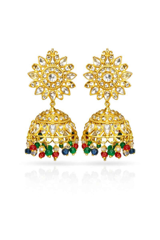 Royal multicolor jhumka earrings - Pakistani women's festive bridal jewelry with multicolor stones and traditional jhumka front view