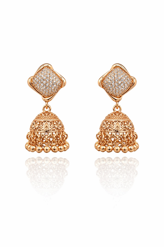 Rose gold diamond cut jhumka earrings - Pakistani women's luxury bridal jewelry with traditional bell drop and sparkling stud front view