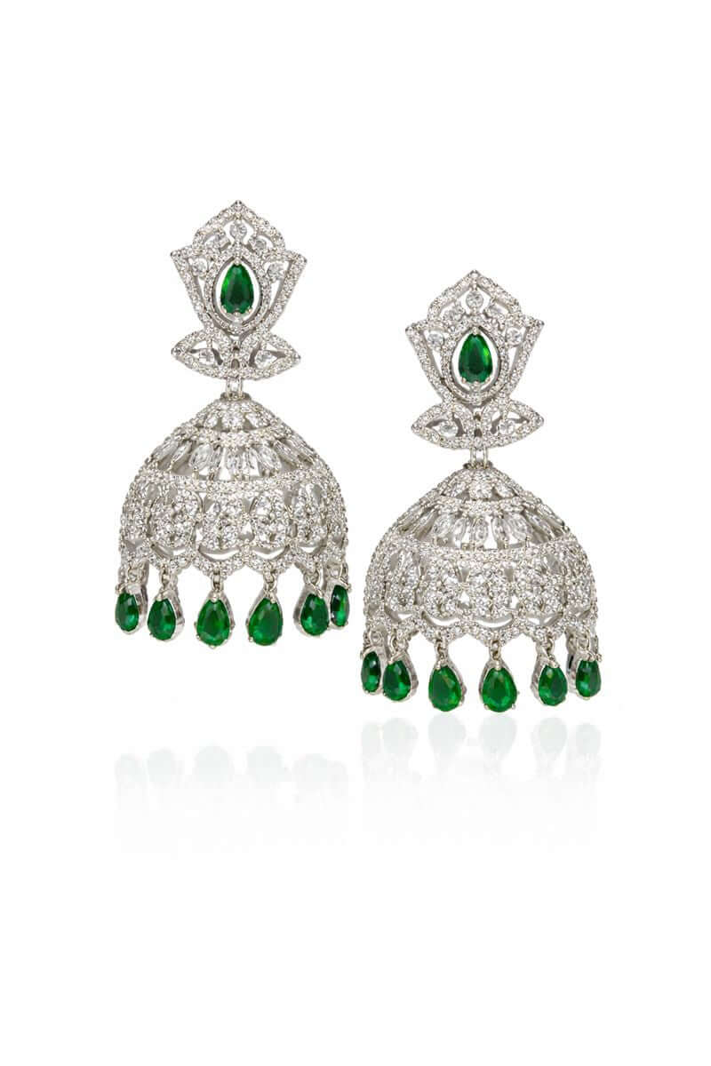 Emerald bloom silver tone jhumka earrings - Pakistani women's traditional jewelry with emerald stones and silver finish front view