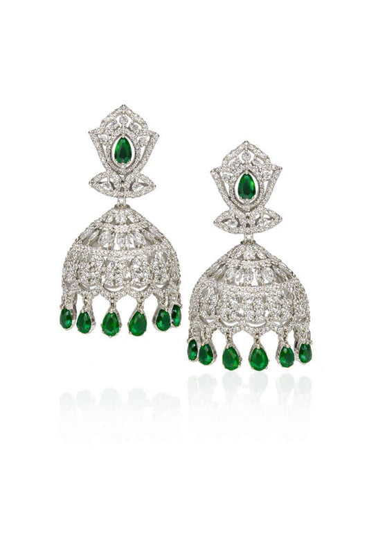 Emerald bloom silver tone jhumka earrings - Pakistani women's traditional jewelry with emerald stones and silver finish front view