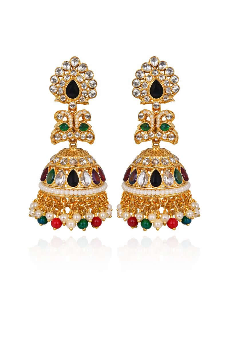 Royal navratna jhumka earrings - Pakistani women's traditional bridal jewelry with multi-color navratna stones front view