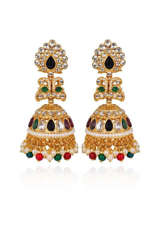 Royal navratna jhumka earrings - Pakistani women's traditional bridal jewelry with multi-color navratna stones front view