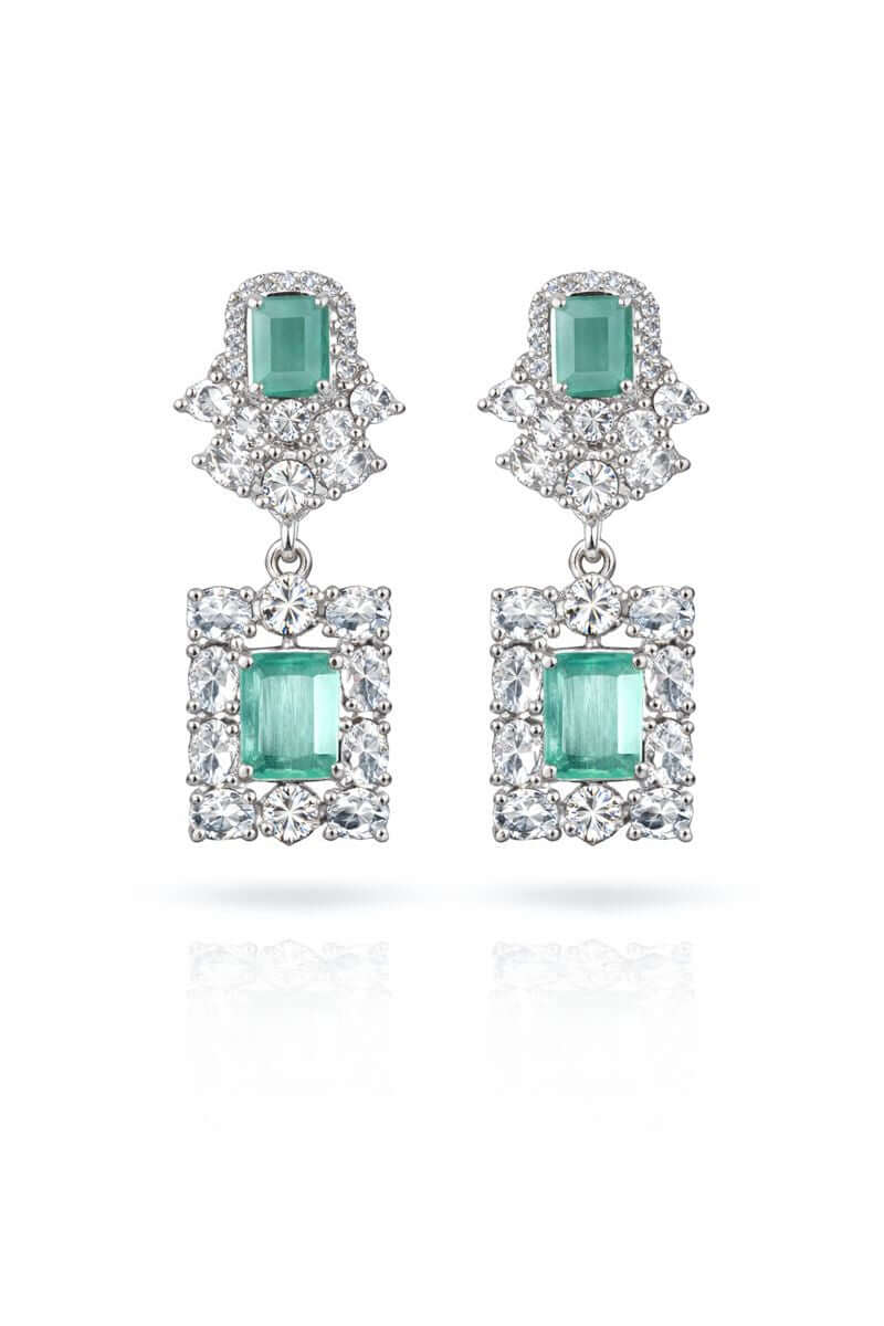 Emerald square drop earrings - Pakistani women's elegant jewelry with emerald square stone drop design front view