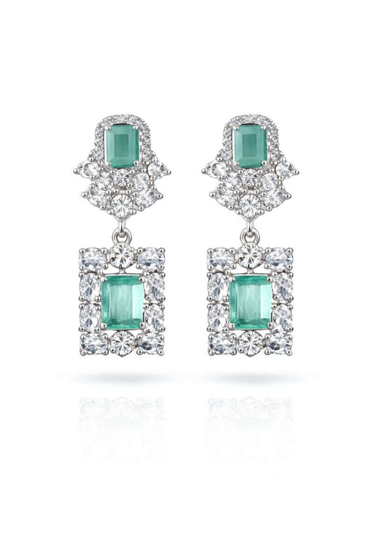 Emerald square drop earrings - Pakistani women's elegant jewelry with emerald square stone drop design front view