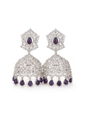 Midnight silver jhumka earrings - Pakistani women's elegant formal jewelry with black stone and silver tone jhumka front view