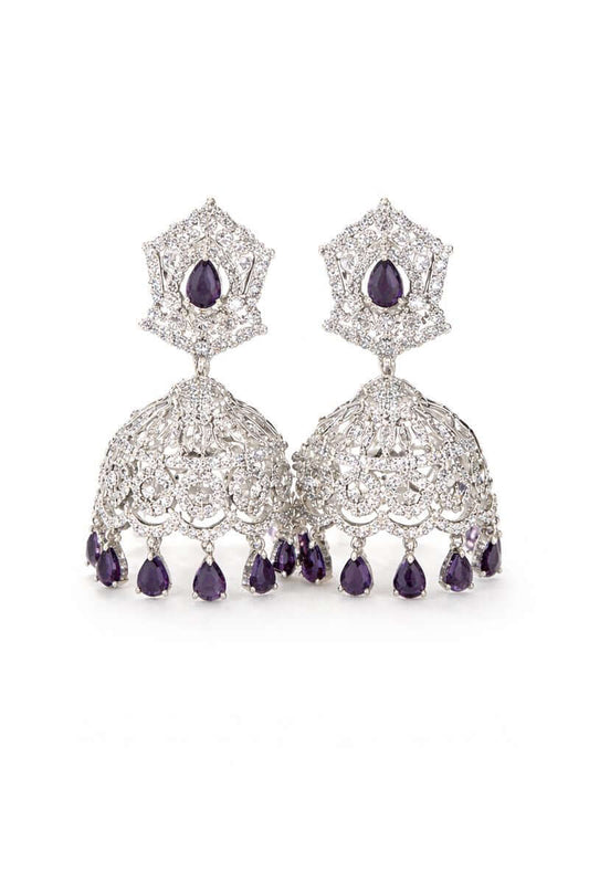 Midnight silver jhumka earrings - Pakistani women's elegant formal jewelry with black stone and silver tone jhumka front view