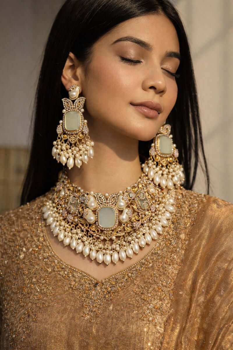 Royal pearl choker set - Pakistani women's luxury bridal jewelry with multi-strand pearls and gold tone finish front view