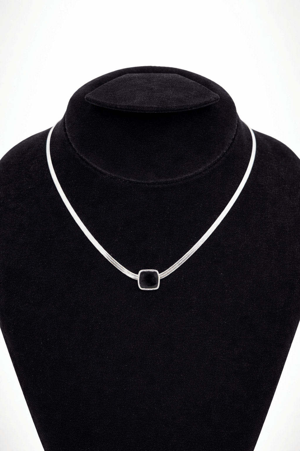 Minimal black square pendant necklace silver - Pakistani women's modern luxury jewelry with square black stone and silver chain front view
