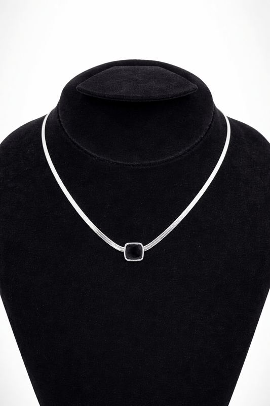 Minimal black square pendant necklace silver - Pakistani women's modern luxury jewelry with square black stone and silver chain front view